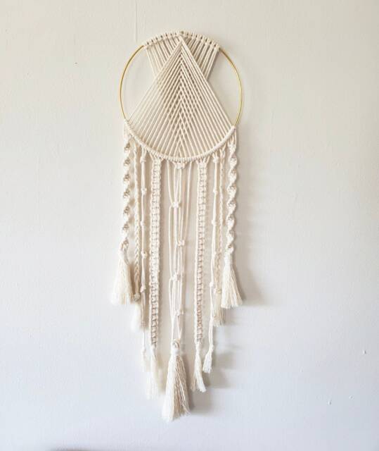 Macrame Dream Catcher Wall Hanging Gold Ring With Tassels Handmade Boho Decor Bohemian - image 1