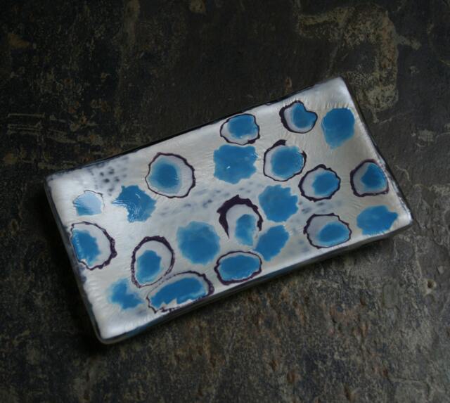 Urchin ~ Fused Glass Soap/Trinket Mini Sushi Chocolates Dish. Turquoise, Mauve & Satin Shimmer Silvery White - image 1