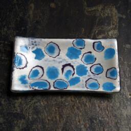 Urchin ~ Fused Glass Soap/Trinket Mini Sushi Chocolates Dish. Turquoise, Mauve & Satin Shimmer Silvery White - thumbnail 2