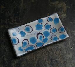 Urchin ~ Fused Glass Soap/Trinket Mini Sushi Chocolates Dish. Turquoise, Mauve & Satin Shimmer Silvery White - thumbnail 1