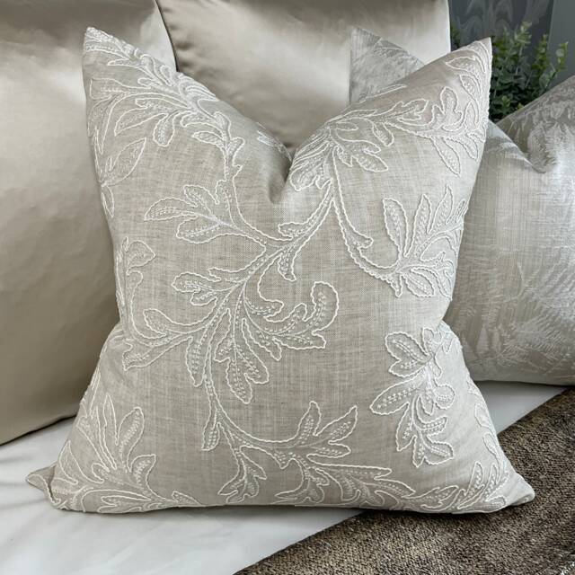 Natural Greige Embroidered Cushion Cover, Pillow , Throw Cover - Leaf Design/John Lewis Fabric Countryside Home - image 1