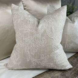 Natural Greige Embroidered Cushion Cover, Pillow , Throw Cover - Leaf Design/John Lewis Fabric Countryside Home - thumbnail 1