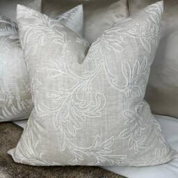 Natural Greige Embroidered Cushion Cover, Pillow , Throw Cover - Leaf Design/John Lewis Fabric Countryside Home - thumbnail 4