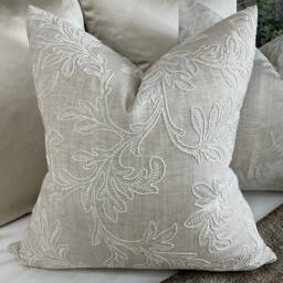 Natural Greige Embroidered Cushion Cover, Pillow , Throw Cover - Leaf Design/John Lewis Fabric Countryside Home - thumbnail 3