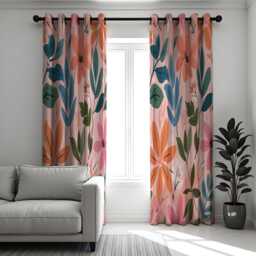 Peach Floral Curtains With Teal & Orange Leaves, Custom Abstract Botanical Drapes, Modern Window Panels For Living Room Or Bedroom - thumbnail 2