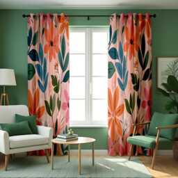 Peach Floral Curtains With Teal & Orange Leaves, Custom Abstract Botanical Drapes, Modern Window Panels For Living Room Or Bedroom - thumbnail 4