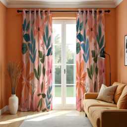 Peach Floral Curtains With Teal & Orange Leaves, Custom Abstract Botanical Drapes, Modern Window Panels For Living Room Or Bedroom