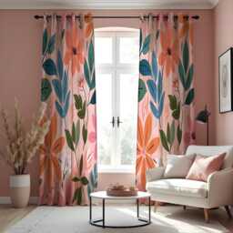 Peach Floral Curtains With Teal & Orange Leaves, Custom Abstract Botanical Drapes, Modern Window Panels For Living Room Or Bedroom - thumbnail 3