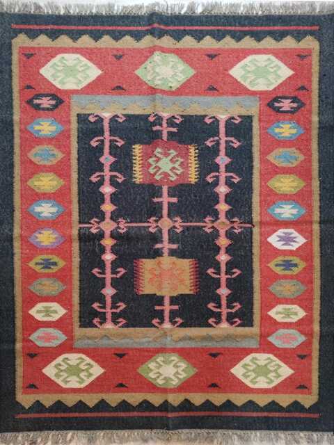 Handwoven Wool Jute Kilim Rug - Tribal Border Flatweave With Black Centre Living Room - image 1
