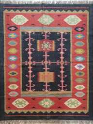 Handwoven Wool Jute Kilim Rug - Tribal Border Flatweave With Black Centre Living Room - thumbnail 1