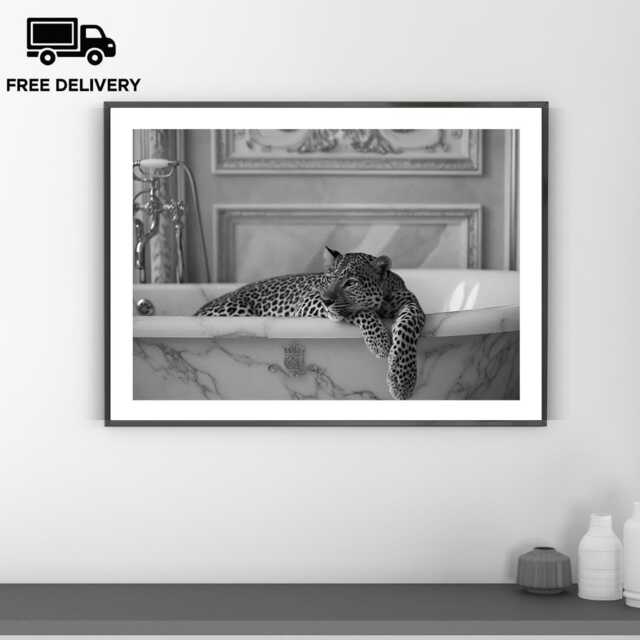 Vintage Leopard Bathtub Print, Luxury Fashion, Fine Art Photography Wall Art, Museum Quality Classic Animal Black & White Poster - image 1