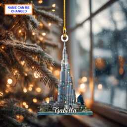 Custom Name Burj Khalifa With Christmas Lights Personalized Ornament, Tree Hanging Decor, 2D Flat Ornament - thumbnail 2