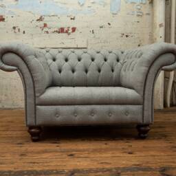 1.5str Grey Herringbone Wool Fabric Chesterfield Snuggle Armchair Loveseat, British Handmade - thumbnail 2