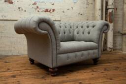 1.5str Grey Herringbone Wool Fabric Chesterfield Snuggle Armchair Loveseat, British Handmade - thumbnail 1