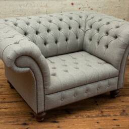 1.5str Grey Herringbone Wool Fabric Chesterfield Snuggle Armchair Loveseat, British Handmade - thumbnail 3