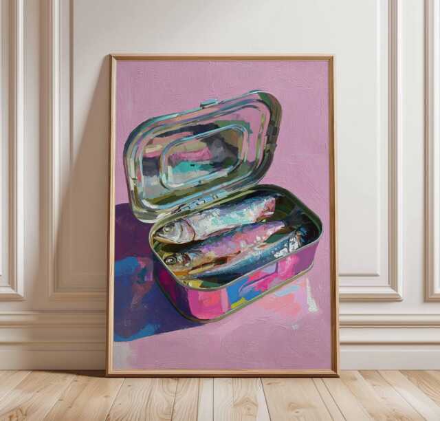 Colorful Sardine Tin Poster, Pop Art Fish Print, Modern Coastal Kitchen Wall Art, Bold Canned Seafood Painting, Quirky Nautical Decor - image 1