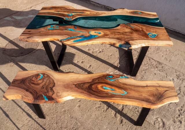 Live Edge River Glass Dining Table With Bench & Glowing Resin Fill In - image 1