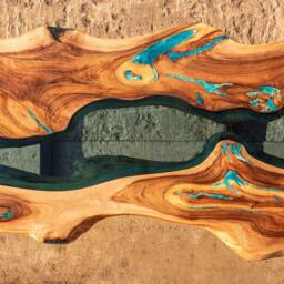 Live Edge River Glass Dining Table With Bench & Glowing Resin Fill In - thumbnail 2