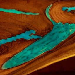 Live Edge River Glass Dining Table With Bench & Glowing Resin Fill In - thumbnail 4