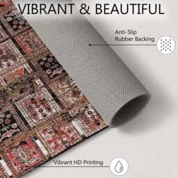 Red Brown Distressed Patchwork Persian Pattern Rug Non-Slip Soft Area Carpet Bedroom Living Room Hallway Mat Decor - Made in UK - thumbnail 4