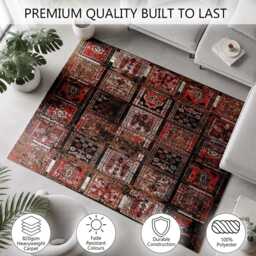 Red Brown Distressed Patchwork Persian Pattern Rug Non-Slip Soft Area Carpet Bedroom Living Room Hallway Mat Decor - Made in UK - thumbnail 3