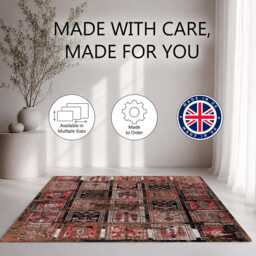 Red Brown Distressed Patchwork Persian Pattern Rug Non-Slip Soft Area Carpet Bedroom Living Room Hallway Mat Decor - Made in UK - thumbnail 2