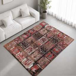 Red Brown Distressed Patchwork Persian Pattern Rug Non-Slip Soft Area Carpet Bedroom Living Room Hallway Mat Decor - Made in UK