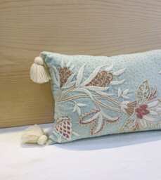 Embroidered Throw Pillow Cover, Blue Coral Floral With Tassels - Bmcc031