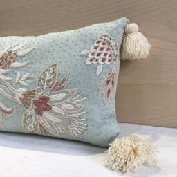 Embroidered Throw Pillow Cover, Blue Coral Floral With Tassels - Bmcc031 - thumbnail 3