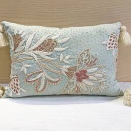 Embroidered Throw Pillow Cover, Blue Coral Floral With Tassels - Bmcc031 - thumbnail 2