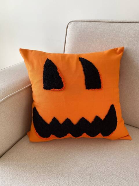 Hand Tufted Halloween Pillow Cover, Pumpkin Embroidered Cushion Cover, Fall Holiday Home Decor Rug, Spider Web Spooky Season Gifts, 16x16 Pillow - image 1