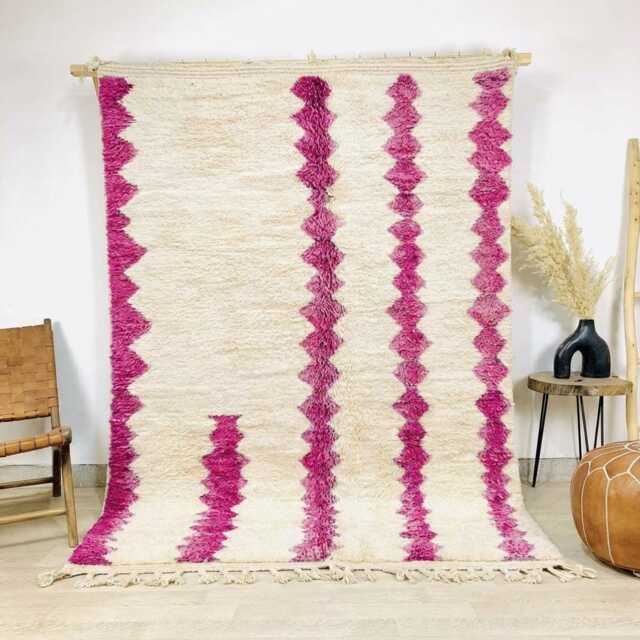 Moroccan White & Pink Berber Rug, Handwoven Wool Shag Rug With Zigzag Stripe, Authentic Beni Ourain Style Carpet, Large 9x12 Area - image 1