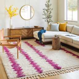 Moroccan White & Pink Berber Rug, Handwoven Wool Shag Rug With Zigzag Stripe, Authentic Beni Ourain Style Carpet, Large 9x12 Area - thumbnail 3
