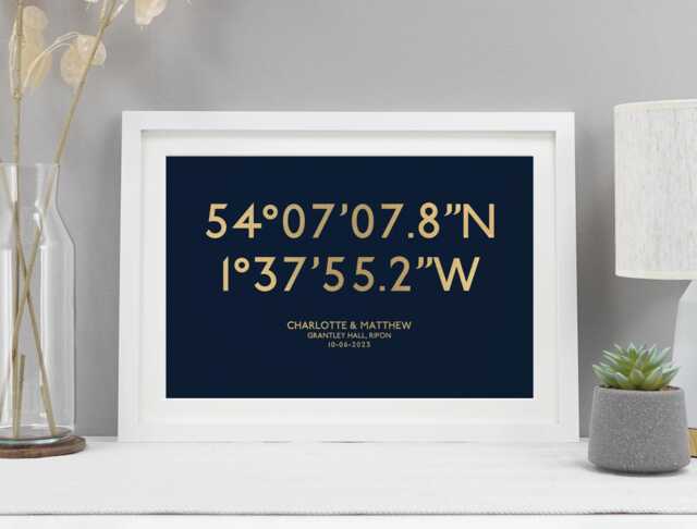 Personalised Foil Coordinates Print - Custom Wedding Gift Engagement Present Anniversary Metallic Gold Or Silver Va226 - image 1