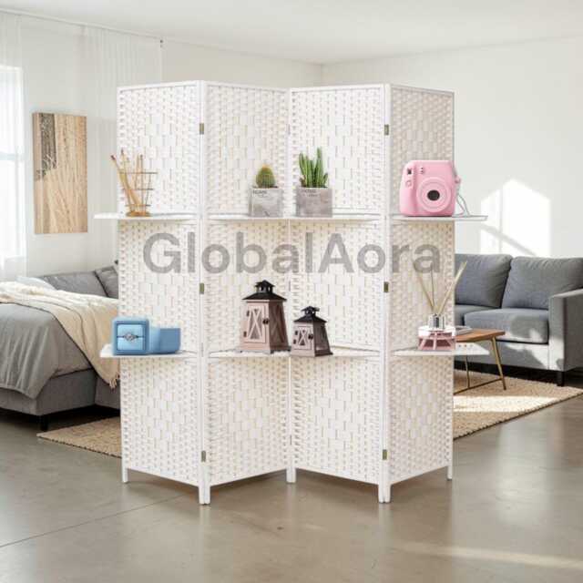 Room Divider With Shelves, 4 Panel Woven Craft Paper Folding Screen, Freestanding Privacy Panel, Bedroom Office Restaurant Decor - image 1