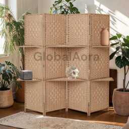 Room Divider With Shelves, 4 Panel Woven Craft Paper Folding Screen, Freestanding Privacy Panel, Bedroom Office Restaurant Decor - thumbnail 3