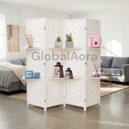 Room Divider With Shelves, 4 Panel Woven Craft Paper Folding Screen, Freestanding Privacy Panel, Bedroom Office Restaurant Decor