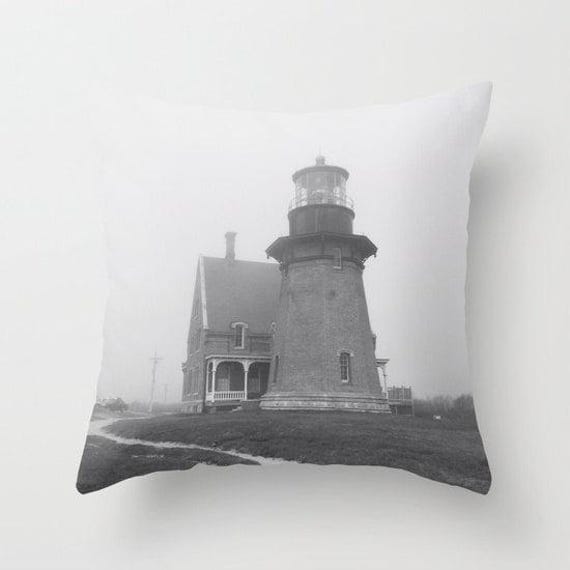 Lighthouse Block Island, Pillow Or Cover Ghosts, Home Decoration, Black, White, Modern, Accent Cover, Foggy, Architectural Decor - image 1