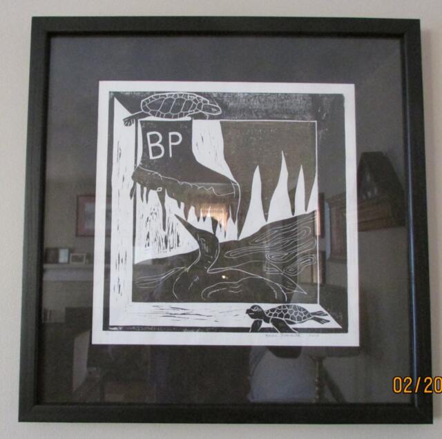 Wall Hanging, Framed & Matted Linoleum Print in Response To The Bp Oil Spill - image 1
