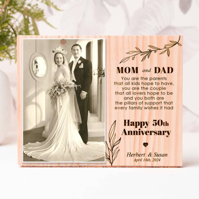 Personalized 50Th Anniversary Photo Frame Engraved Natural Pine Wood - image 1