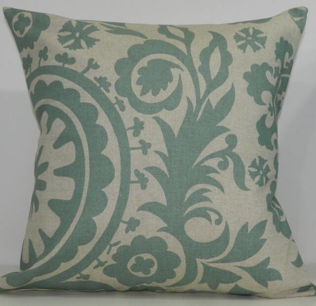 New 18x18 Inch Designer Handmade Pillow Case. Suzani Print in Eaton Blue