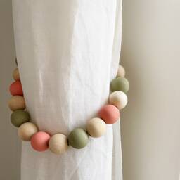 Beaded Curtain Tiebacks Coral, Khaki & Olive Wood Beads, Coastal Decor