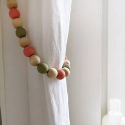 Beaded Curtain Tiebacks Coral, Khaki & Olive Wood Beads, Coastal Decor - thumbnail 2