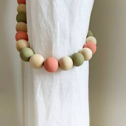 Beaded Curtain Tiebacks Coral, Khaki & Olive Wood Beads, Coastal Decor - thumbnail 3