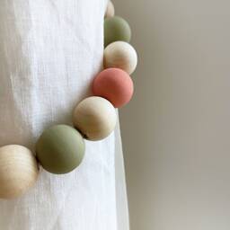Beaded Curtain Tiebacks Coral, Khaki & Olive Wood Beads, Coastal Decor - thumbnail 4