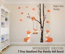 Fox Family Wall Decals Baby Fox Mom & Dad Woodland Nursery 1 Birch Tree Decor Graphics Decal Forest Birds Vinyl Bedroom - thumbnail 1