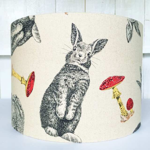 Rabbit & Toadstool Lampshade Beige Linen Drum Shade - image 1