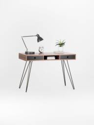 Kuub - Mid Century Style Walnut Desk With Black Drawers & Hairpin Legs