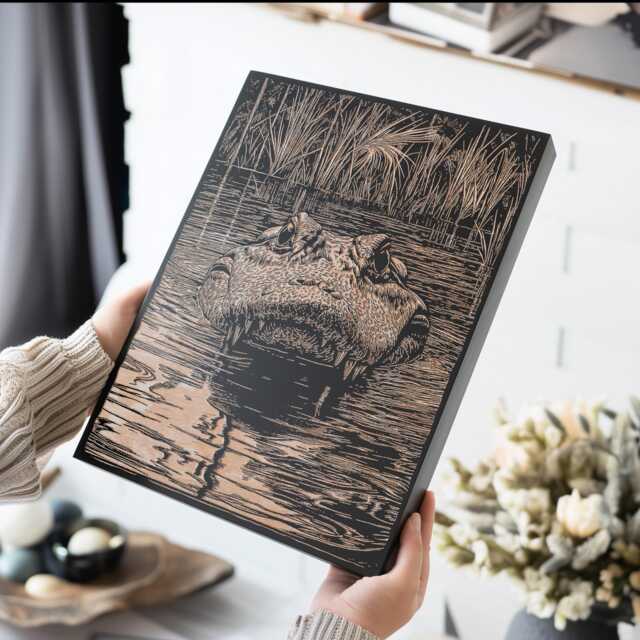 Peaking Alligator Wall Art - Nature Inspired Engraved Wood Lithograph Illustration, Large Art, Florida Wildlife Print, Southern Decor - image 1