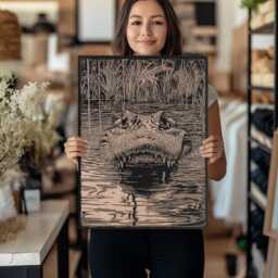 Peaking Alligator Wall Art - Nature Inspired Engraved Wood Lithograph Illustration, Large Art, Florida Wildlife Print, Southern Decor - thumbnail 3